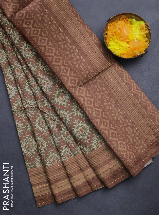 Semi tussar saree brown and green with allover prints and kantha stitch work border