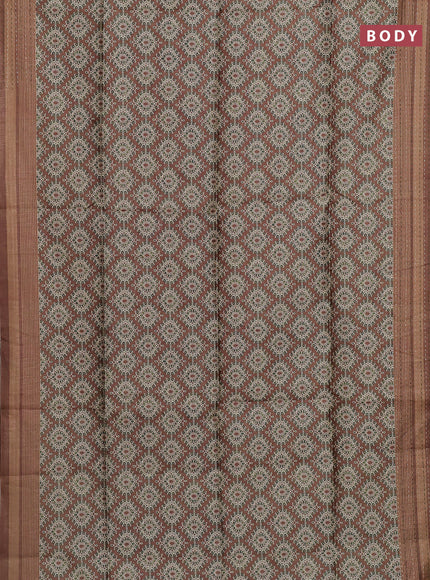 Semi tussar saree brown and green with allover prints and kantha stitch work border