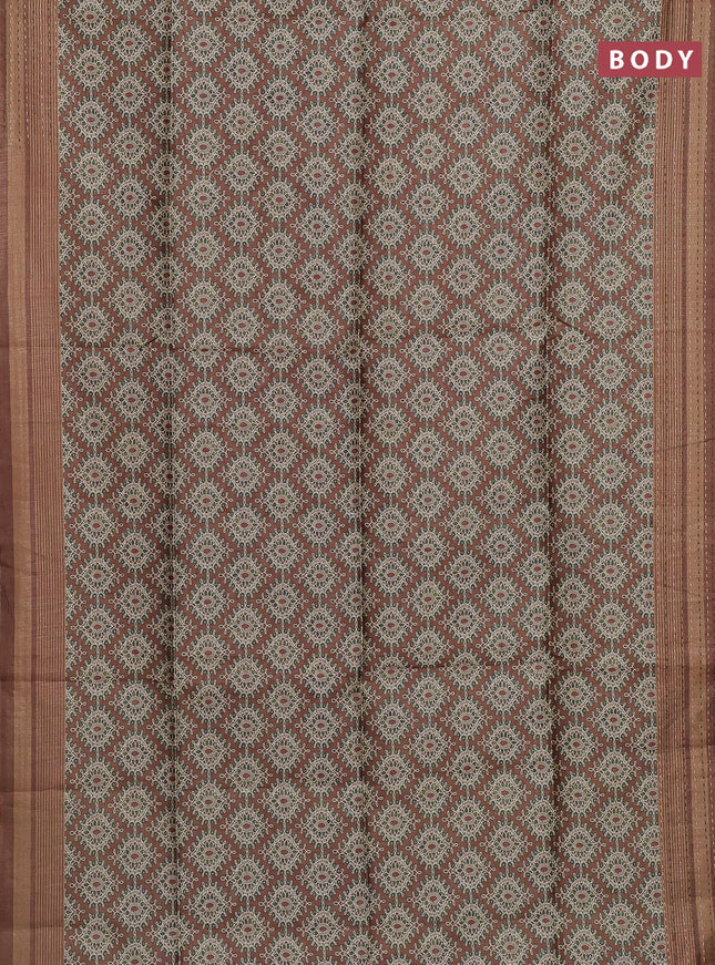 Semi tussar saree brown and green with allover prints and kantha stitch work border