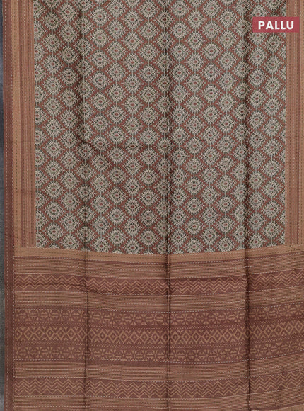 Semi tussar saree brown and green with allover prints and kantha stitch work border