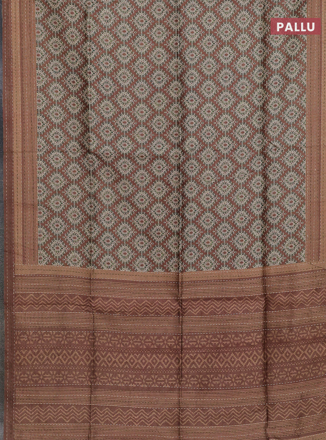 Semi tussar saree brown and green with allover prints and kantha stitch work border