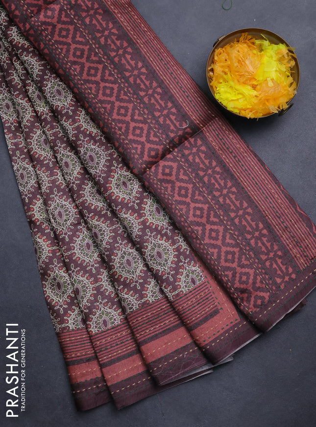 Semi tussar saree coffee brown and rust shade with allover prints and kantha stitch work border