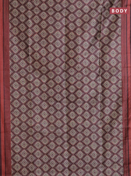 Semi tussar saree coffee brown and rust shade with allover prints and kantha stitch work border