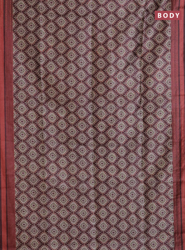 Semi tussar saree coffee brown and rust shade with allover prints and kantha stitch work border