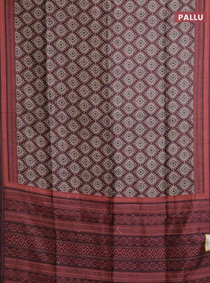 Semi tussar saree coffee brown and rust shade with allover prints and kantha stitch work border
