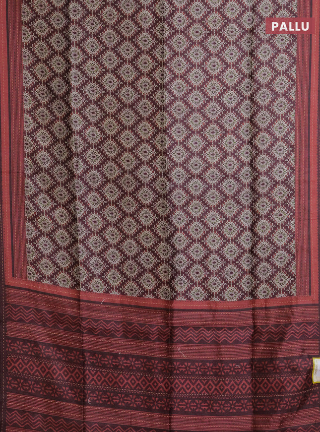 Semi tussar saree coffee brown and rust shade with allover prints and kantha stitch work border