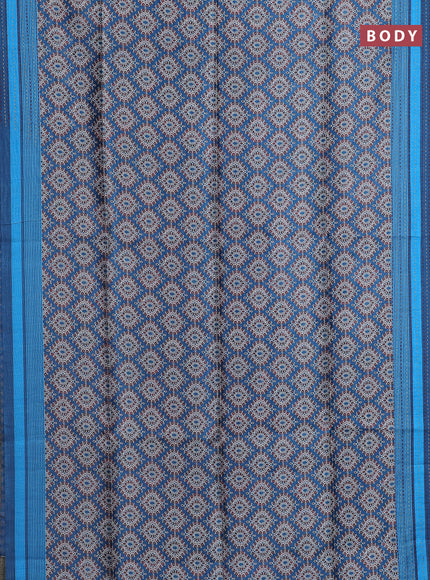Semi tussar saree cs blue with allover prints and kantha stitch work border