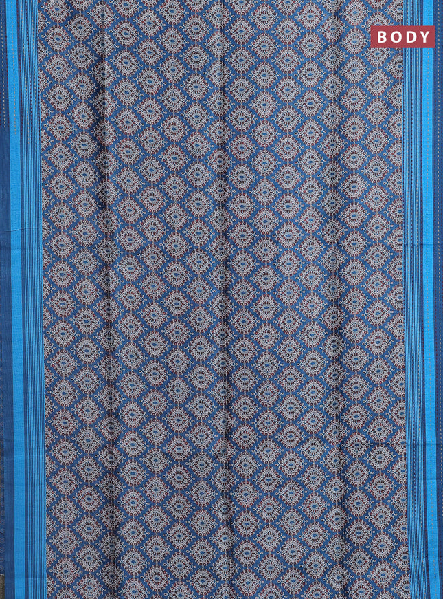 Semi tussar saree cs blue with allover prints and kantha stitch work border