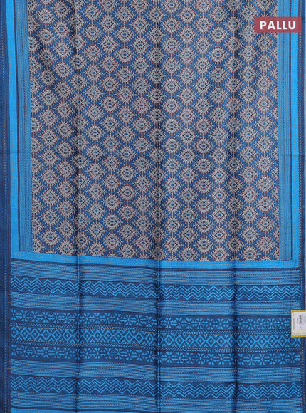 Semi tussar saree cs blue with allover prints and kantha stitch work border
