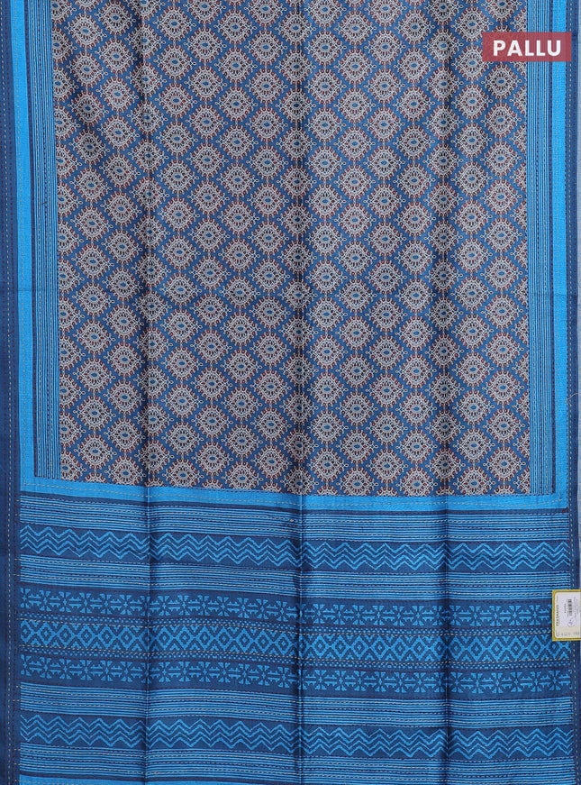 Semi tussar saree cs blue with allover prints and kantha stitch work border