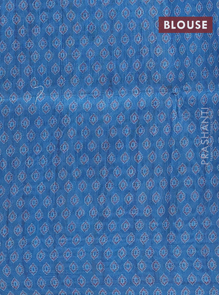 Semi tussar saree cs blue with allover prints and kantha stitch work border
