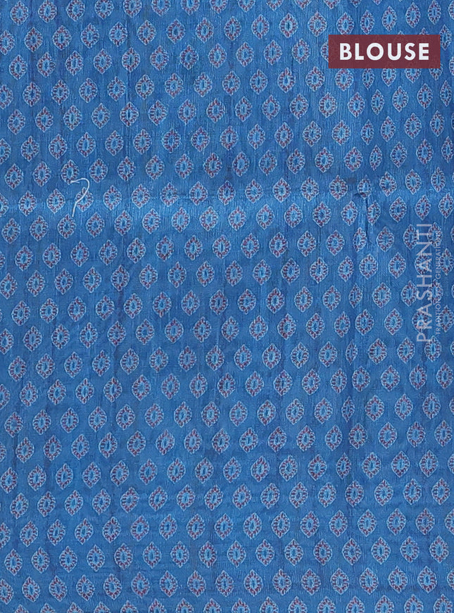 Semi tussar saree cs blue with allover prints and kantha stitch work border