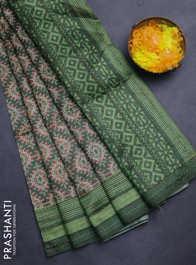 Semi tussar saree green with allover prints and kantha stitch work border