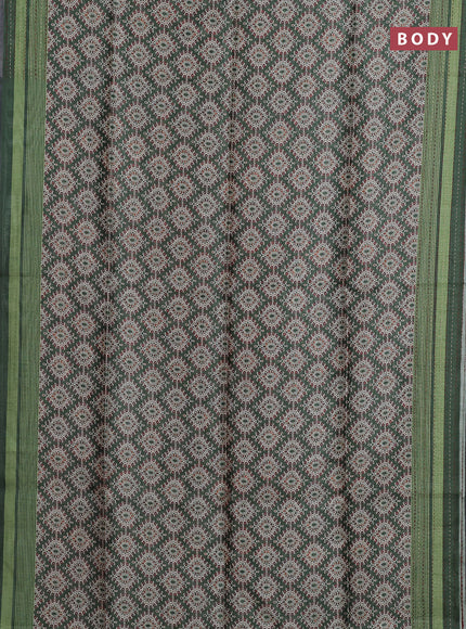 Semi tussar saree green with allover prints and kantha stitch work border