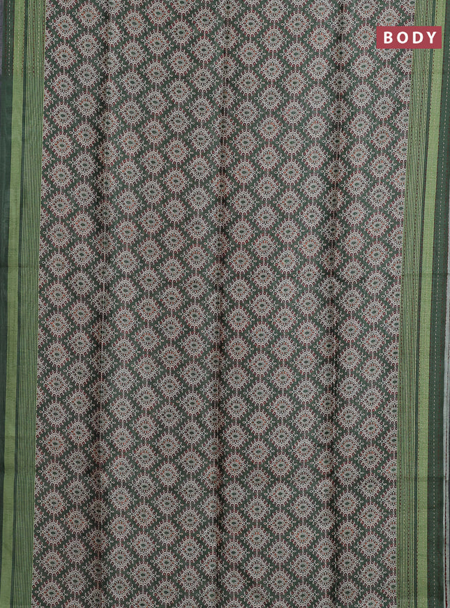 Semi tussar saree green with allover prints and kantha stitch work border