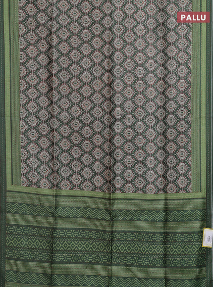 Semi tussar saree green with allover prints and kantha stitch work border