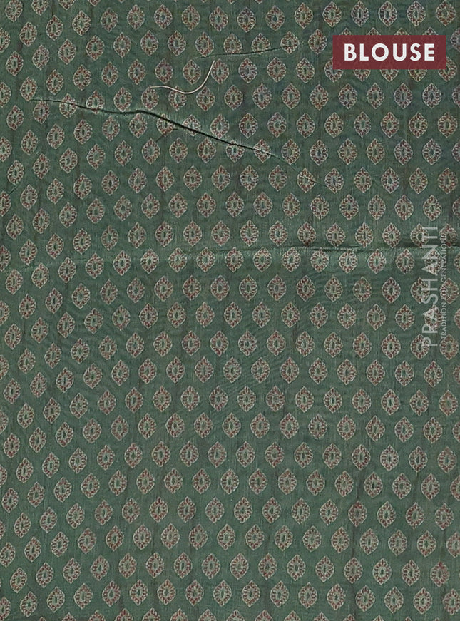 Semi tussar saree green with allover prints and kantha stitch work border