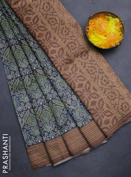 Semi tussar saree black and brown with allover ajrakh prints and katha stitch work pallu & border