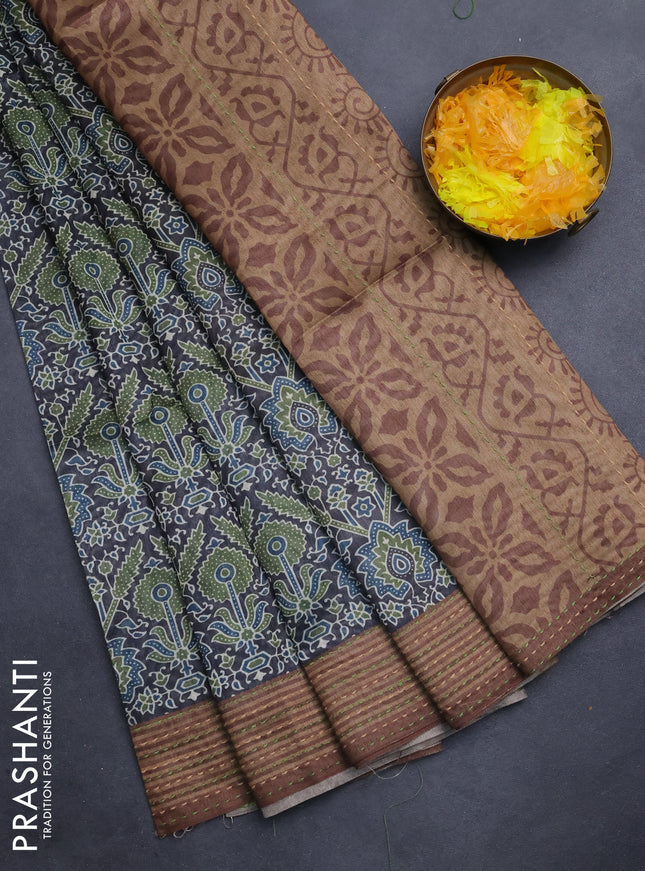 Semi tussar saree black and brown with allover ajrakh prints and katha stitch work pallu & border