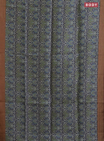 Semi tussar saree black and brown with allover ajrakh prints and katha stitch work pallu & border