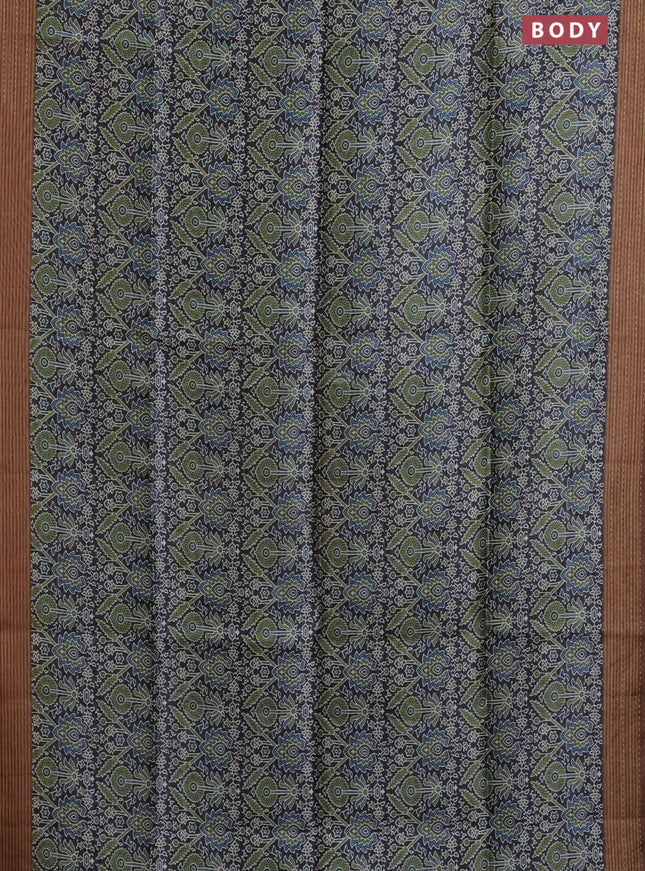 Semi tussar saree black and brown with allover ajrakh prints and katha stitch work pallu & border