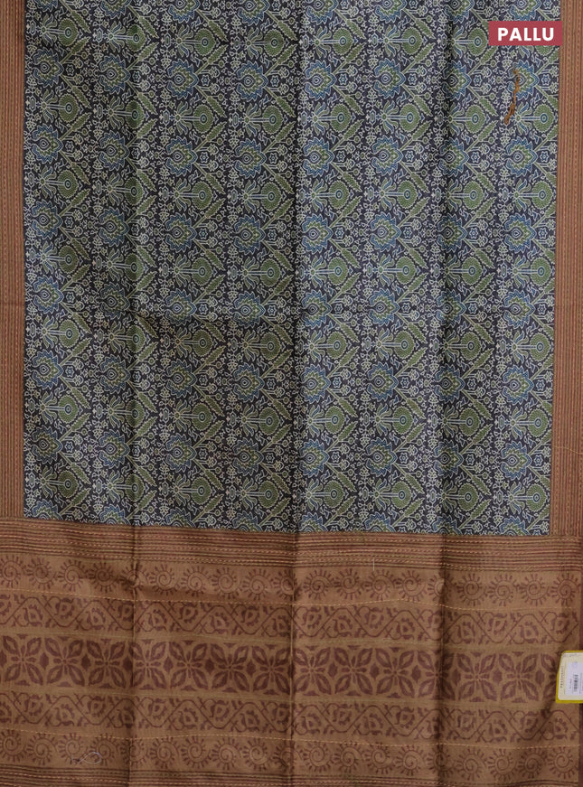 Semi tussar saree black and brown with allover ajrakh prints and katha stitch work pallu & border