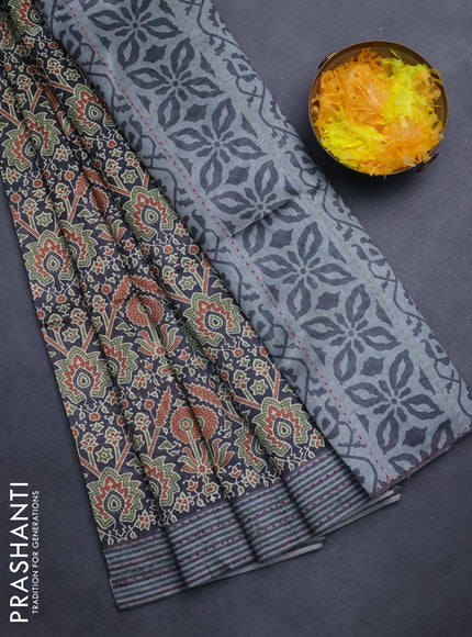 Semi tussar saree black and grey with allover ajrakh prints and katha stitch work pallu & border