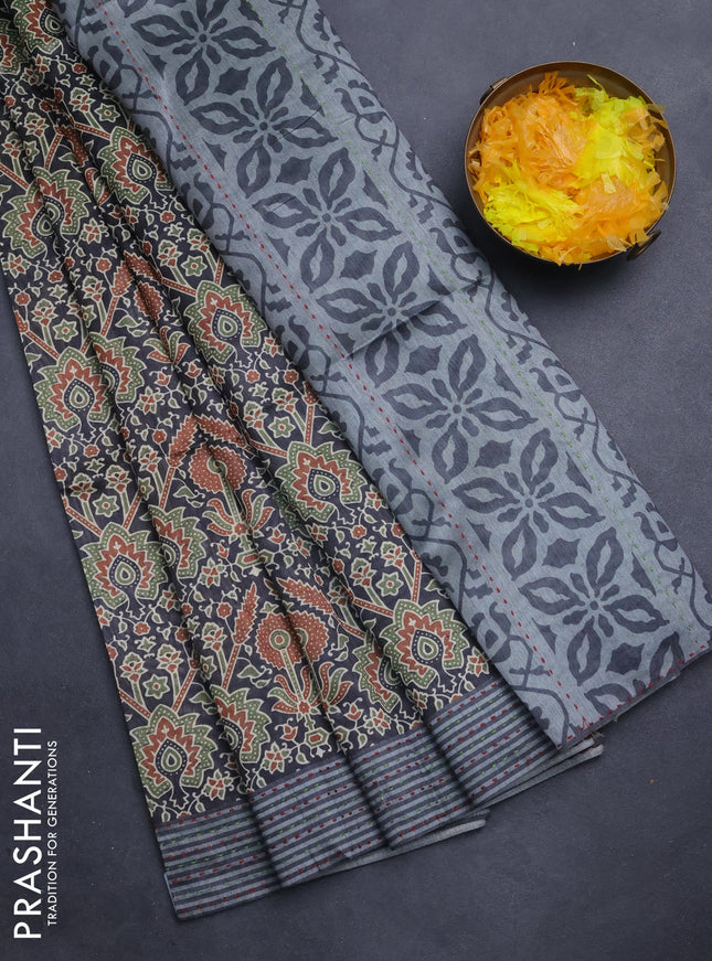 Semi tussar saree black and grey with allover ajrakh prints and katha stitch work pallu & border