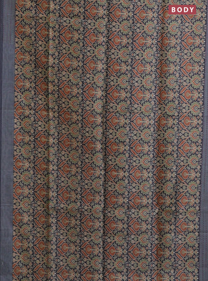 Semi tussar saree black and grey with allover ajrakh prints and katha stitch work pallu & border