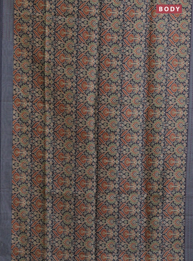 Semi tussar saree black and grey with allover ajrakh prints and katha stitch work pallu & border