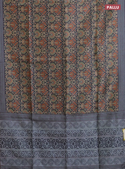 Semi tussar saree black and grey with allover ajrakh prints and katha stitch work pallu & border