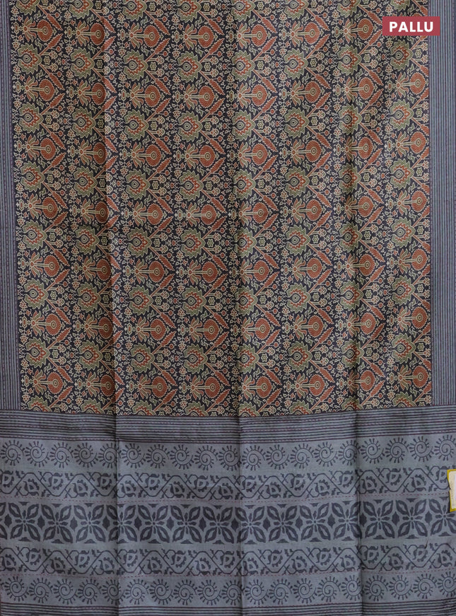 Semi tussar saree black and grey with allover ajrakh prints and katha stitch work pallu & border