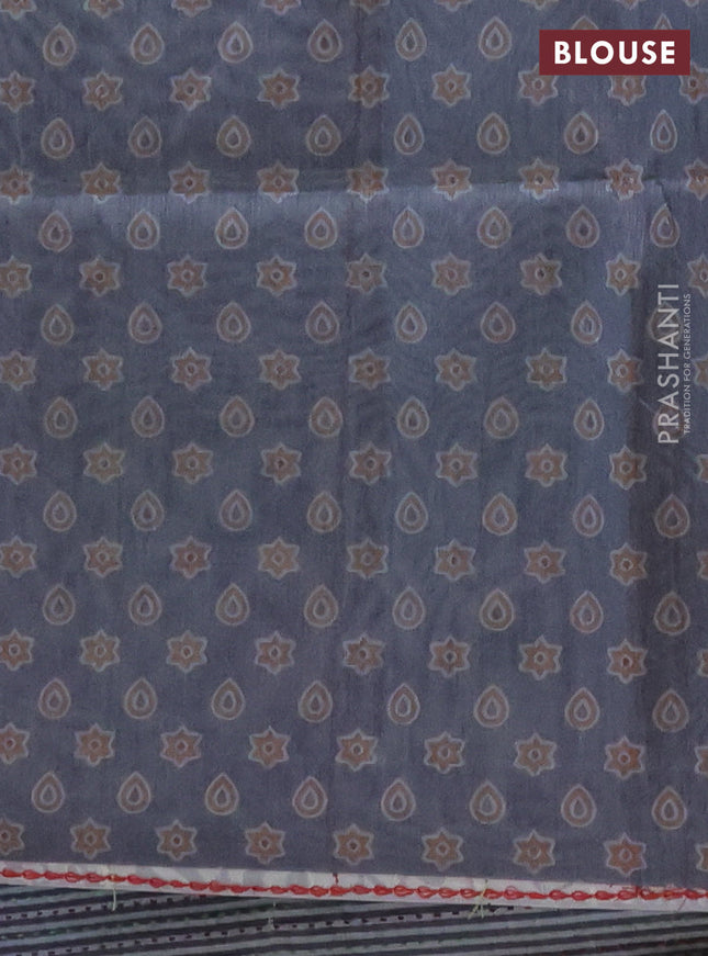 Semi tussar saree black and grey with allover ajrakh prints and katha stitch work pallu & border