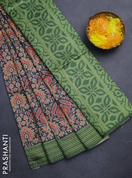 Semi tussar saree black and green with allover ajrakh prints and katha stitch work pallu & border