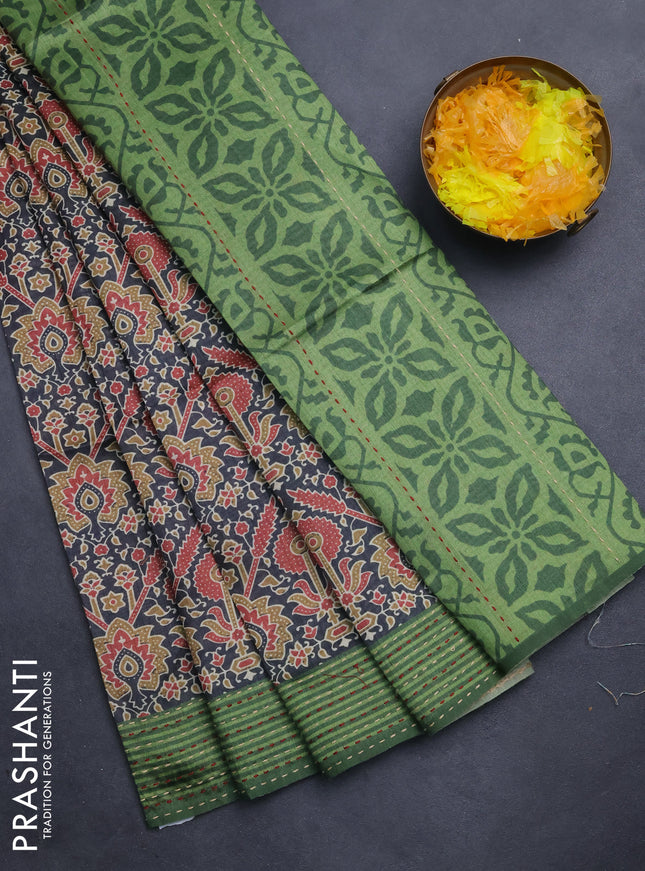 Semi tussar saree black and green with allover ajrakh prints and katha stitch work pallu & border