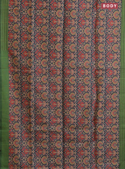 Semi tussar saree black and green with allover ajrakh prints and katha stitch work pallu & border
