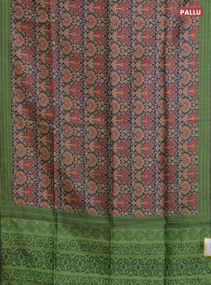 Semi tussar saree black and green with allover ajrakh prints and katha stitch work pallu & border