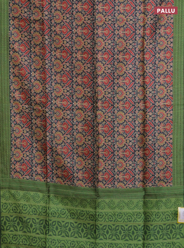 Semi tussar saree black and green with allover ajrakh prints and katha stitch work pallu & border
