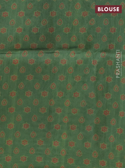 Semi tussar saree black and green with allover ajrakh prints and katha stitch work pallu & border