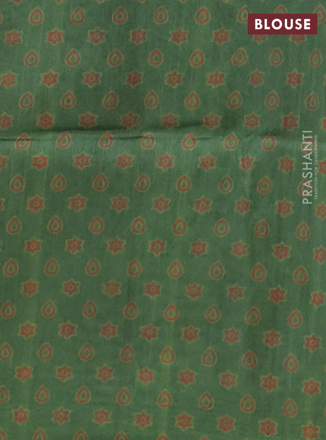 Semi tussar saree black and green with allover ajrakh prints and katha stitch work pallu & border