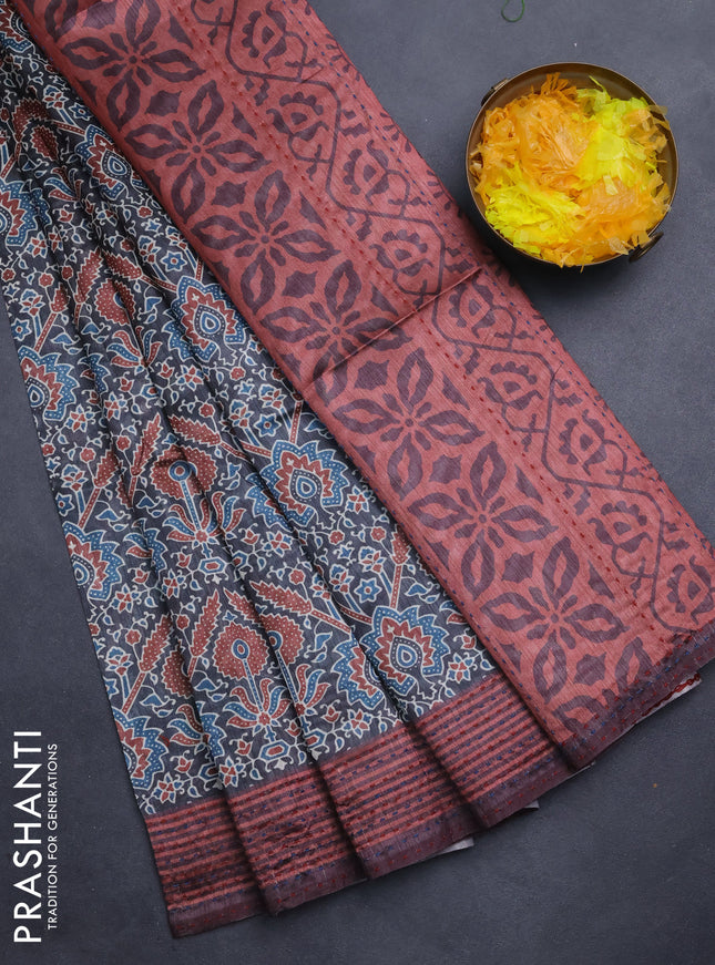 Semi tussar saree black and pastel maroon with allover ajrakh prints and katha stitch work pallu & border
