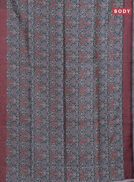 Semi tussar saree black and pastel maroon with allover ajrakh prints and katha stitch work pallu & border