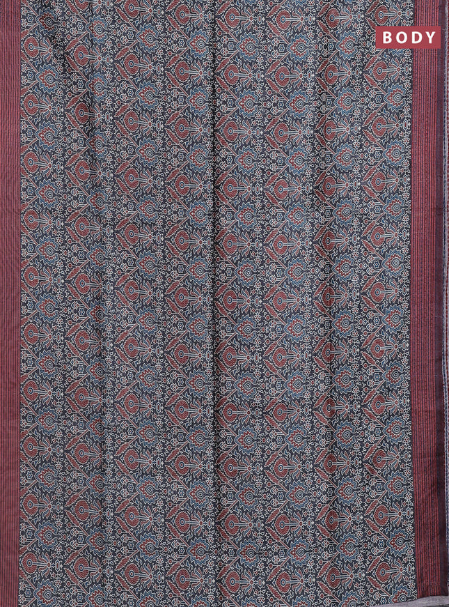 Semi tussar saree black and pastel maroon with allover ajrakh prints and katha stitch work pallu & border