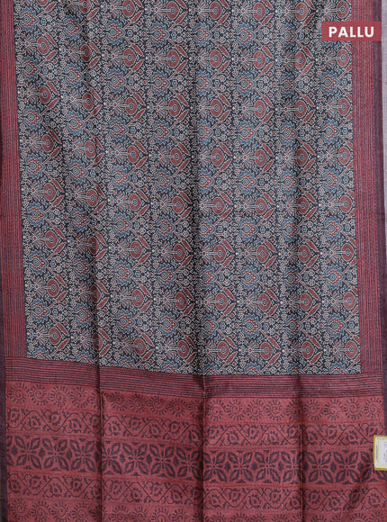 Semi tussar saree black and pastel maroon with allover ajrakh prints and katha stitch work pallu & border