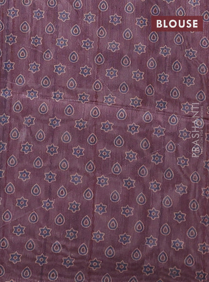 Semi tussar saree black and pastel maroon with allover ajrakh prints and katha stitch work pallu & border