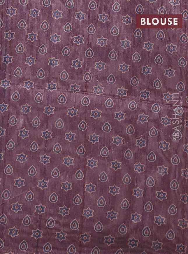 Semi tussar saree black and pastel maroon with allover ajrakh prints and katha stitch work pallu & border