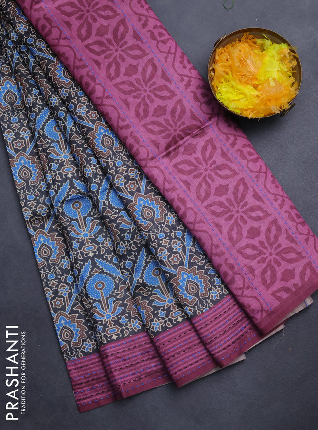 Semi tussar saree black and mauve pink with allover ajrakh prints and katha stitch work pallu & border