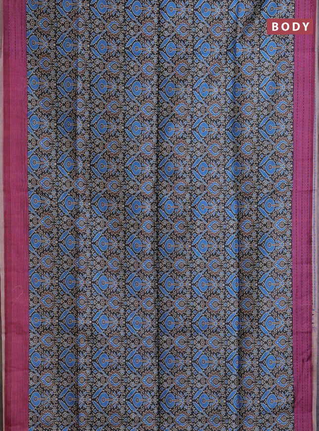 Semi tussar saree black and mauve pink with allover ajrakh prints and katha stitch work pallu & border