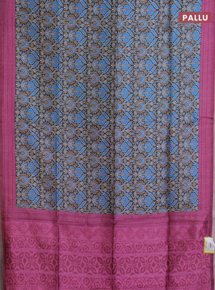 Semi tussar saree black and mauve pink with allover ajrakh prints and katha stitch work pallu & border