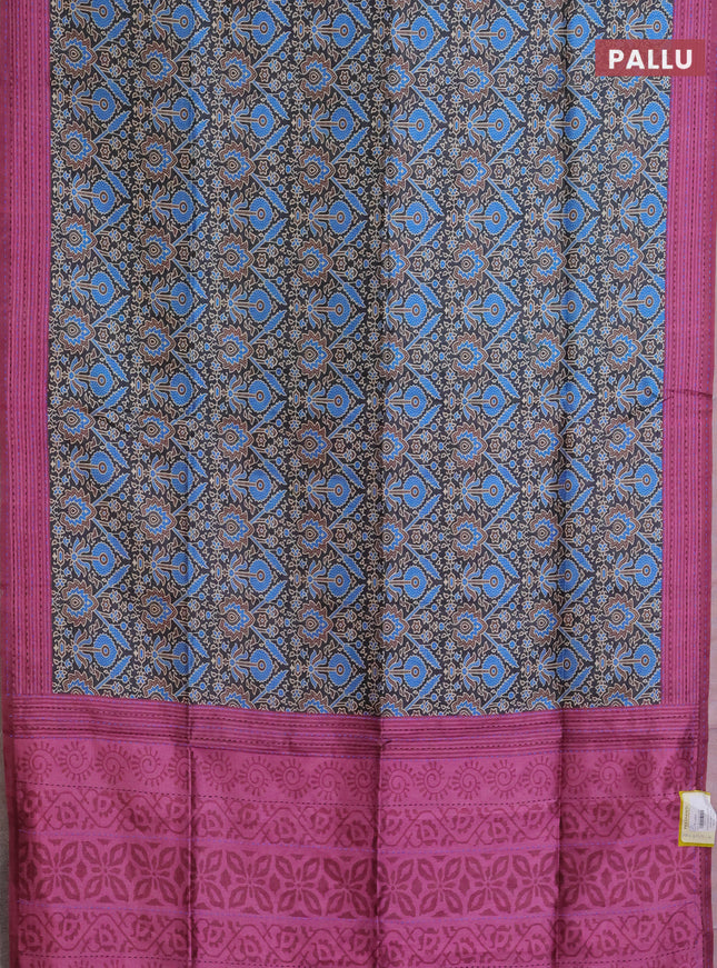 Semi tussar saree black and mauve pink with allover ajrakh prints and katha stitch work pallu & border